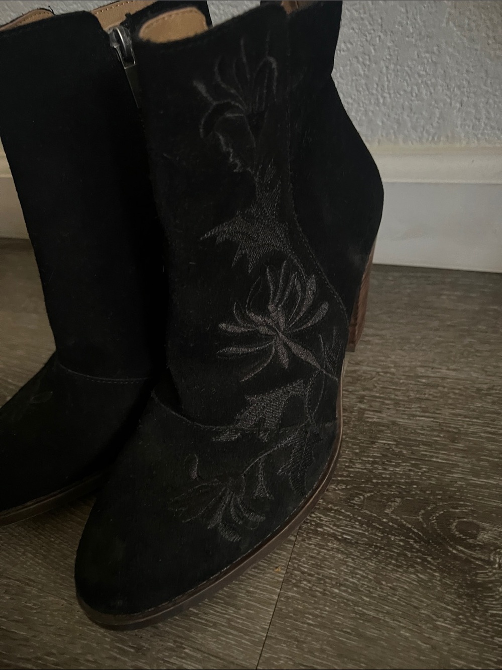 Lucky Brand Black Suede Embroidered Ankle Booties